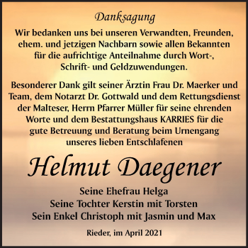 Traueranzeige von Helmut Daegener von Trauerkombi Quedlinburg