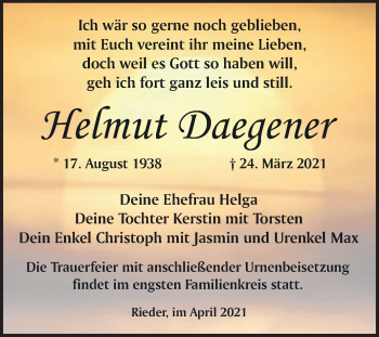 Traueranzeige von Helmut Daegener von Mitteldeutsche Zeitung Quedlingburg