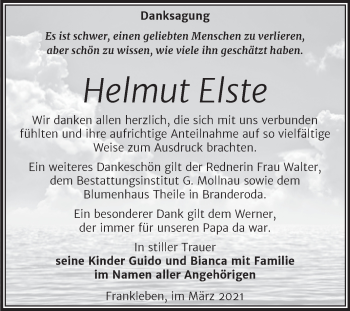 Traueranzeige von Helmut Elste von Mitteldeutsche Zeitung Merseburg/Querfurt