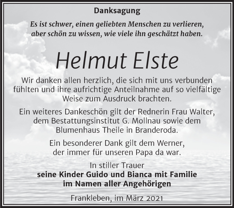  Traueranzeige für Helmut Elste vom 03.04.2021 aus Mitteldeutsche Zeitung Merseburg/Querfurt