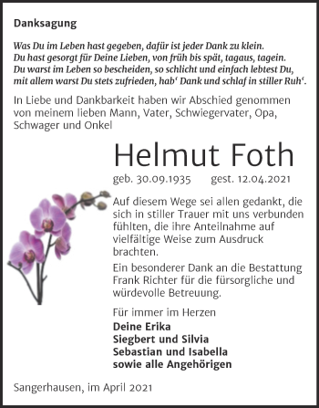 Traueranzeige von Helmut Foth von Trauerkombi Sangerhausen