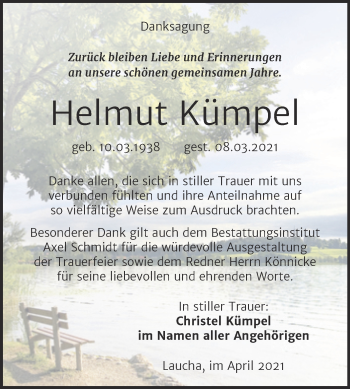 Traueranzeige von Helmut Kümpel von Mitteldeutsche Zeitung Naumburg/Nebra