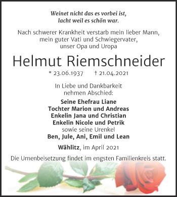 Traueranzeige von Helmut Riemschneider von Mitteldeutsche Zeitung Weißenfels