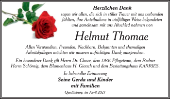 Traueranzeige von Helmut Thomae von Mitteldeutsche Zeitung Quedlingburg