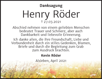 Traueranzeige von Henry Röder von Mitteldeutsche Zeitung Bernburg