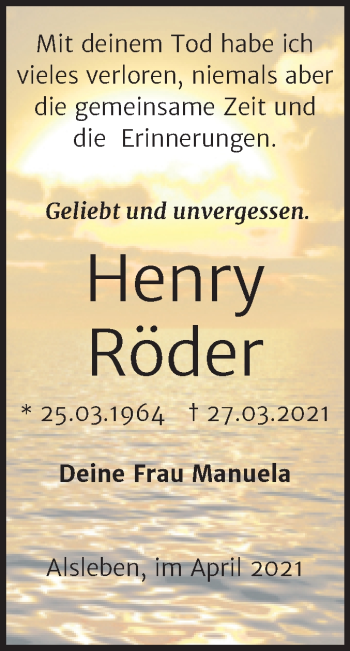 Traueranzeige von Henry Röder von Mitteldeutsche Zeitung Bernburg