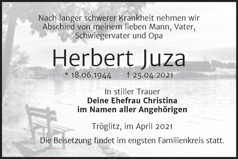  Traueranzeige für Herbert Juza vom 30.04.2021 aus Trauerkombi Zeitz