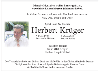 Traueranzeige von Herbert Krüger von Mitteldeutsche Zeitung Dessau-Roßlau