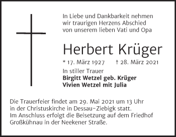 Traueranzeige von Herbert Krüger von Mitteldeutsche Zeitung Dessau-Roßlau