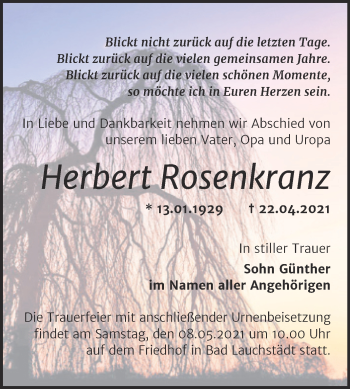 Traueranzeige von Herbert Rosenkranz von Trauerkombi Merseburg