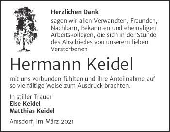 Traueranzeige von Hermann Keidel von Mitteldeutsche Zeitung Mansfelder Land