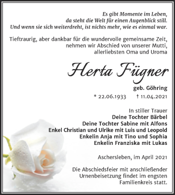 Traueranzeige von Herta Fügner von Mitteldeutsche Zeitung Aschersleben