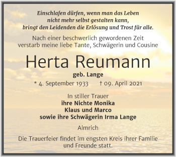 Traueranzeige von Herta Reumann von Mitteldeutsche Zeitung Naumburg/Nebra