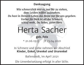 Traueranzeige von Herta Sacher von Trauerkombi Quedlinburg
