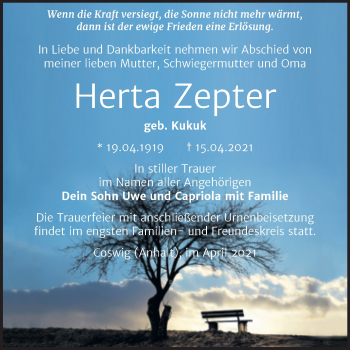 Traueranzeige von Herta Zepter von Mitteldeutsche Zeitung Wittenberg