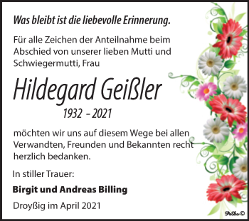 Traueranzeige von Hildegard Geißler von Mitteldeutsche Zeitung Zeitz