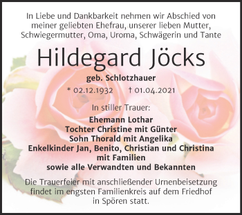 Traueranzeige von Hildegard Jöcks von Mitteldeutsche Zeitung Bitterfeld