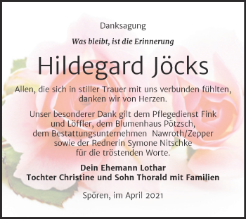 Traueranzeige von Hildegard Jöcks von Trauerkombi Bitterfeld