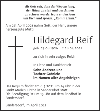 Traueranzeige von Hildegard Reif von Trauerkombi Bitterfeld