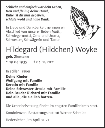Traueranzeige von Hildegard Woyke von Mitteldeutsche Zeitung Quedlingburg