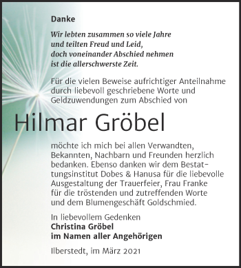 Traueranzeige von Hilmar Gröbel von Mitteldeutsche Zeitung Bernburg