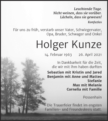 Traueranzeige von Holger Kunze von Trauerkombi Weißenfels