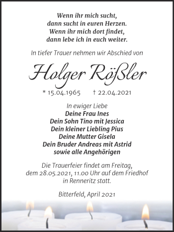 Traueranzeige von Holger Rößler von Trauerkombi Bitterfeld
