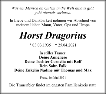 Traueranzeige von Horst Dragorius von Trauerkombi Aschersleben