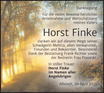 Traueranzeige von Horst Finke von Mitteldeutsche Zeitung Sangerhausen