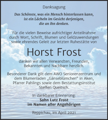 Traueranzeige von Horst Frost von Mitteldeutsche Zeitung Köthen