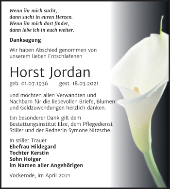 Traueranzeige von Horst Jordan von Trauerkombi Wittenberg