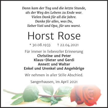Traueranzeige von Horst Rose von Trauerkombi Sangerhausen