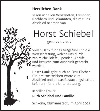 Traueranzeige von Horst Schiebel von Mitteldeutsche Zeitung Wittenberg