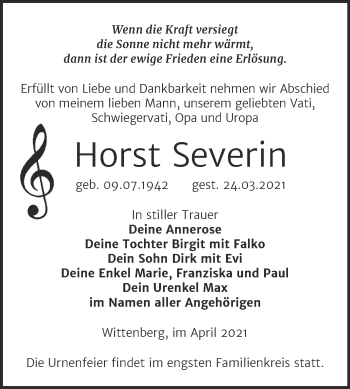 Traueranzeige von Horst Severin von Mitteldeutsche Zeitung Wittenberg