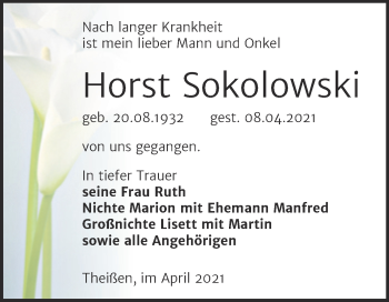 Traueranzeige von Horst Sokolowski von Mitteldeutsche Zeitung Zeitz