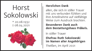 Traueranzeige von Horst Sokolowski von Trauerkombi Zeitz