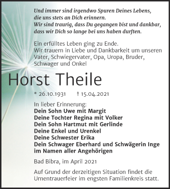 Traueranzeige von Horst Theile von Wochenspiegel Naumburg/Nebra