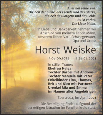 Traueranzeige von Horst Weiske von Naumburger Tageblatt