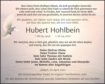 Traueranzeige von Hubert Hohlbein von Wochenspiegel Naumburg/Nebra
