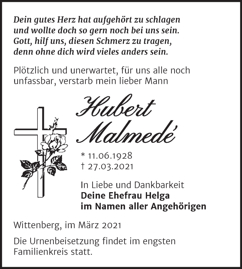  Traueranzeige für Hubert Malmedé vom 03.04.2021 aus Mitteldeutsche Zeitung Wittenberg