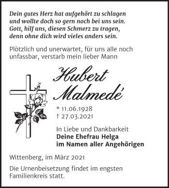 Traueranzeige von Hubert Malmedé von Mitteldeutsche Zeitung Wittenberg