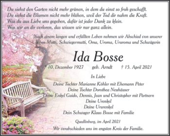 Traueranzeige von Ida Bosse von Mitteldeutsche Zeitung Quedlingburg