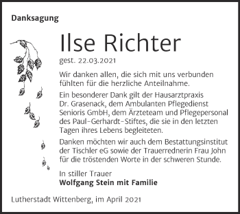 Traueranzeige von Ilse Richter von Trauerkombi Wittenberg