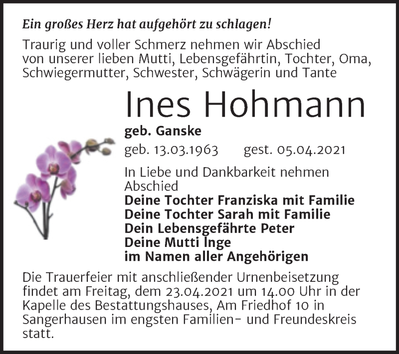  Traueranzeige für Ines Hohmann vom 10.04.2021 aus Mitteldeutsche Zeitung Sangerhausen