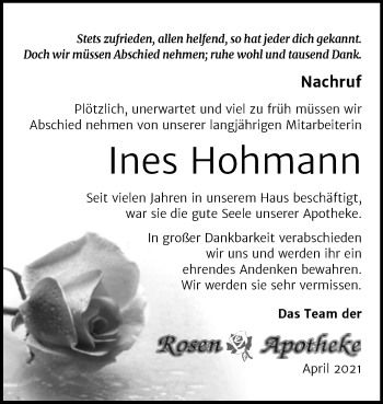 Traueranzeige von Ines Hohmann von Super Sonntag Sangerhausen