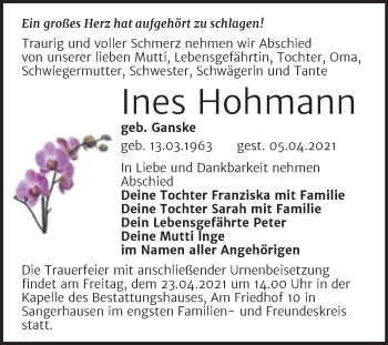 Traueranzeige von Ines Hohmann von Mitteldeutsche Zeitung Sangerhausen