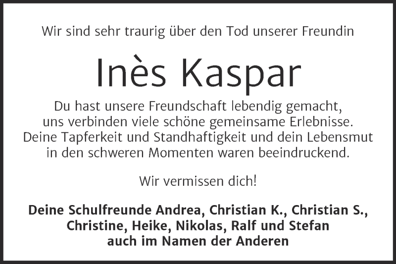  Traueranzeige für Ines Kaspar vom 24.04.2021 aus Mitteldeutsche Zeitung Halle/Saalkreis