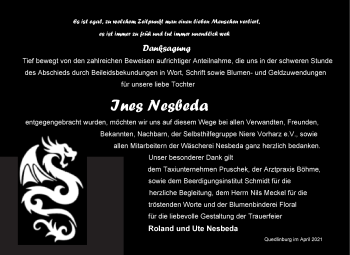 Traueranzeige von Ines Nesbeda von Mitteldeutsche Zeitung Quedlingburg
