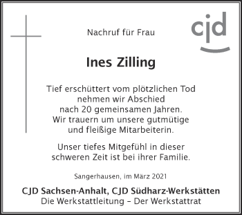 Traueranzeige von Ines Zilling von Super Sonntag Sangerhausen