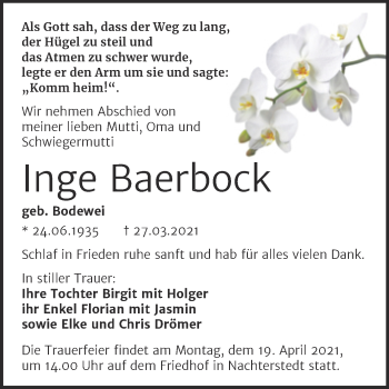 Traueranzeige von Inge Baerbock von Mitteldeutsche Zeitung Aschersleben
